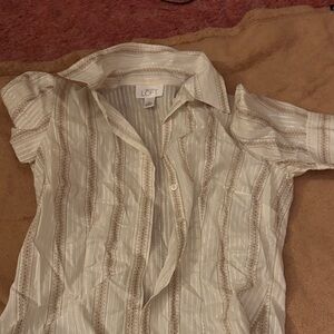 LOFT Beige and White Striped Blouse, Size 8
